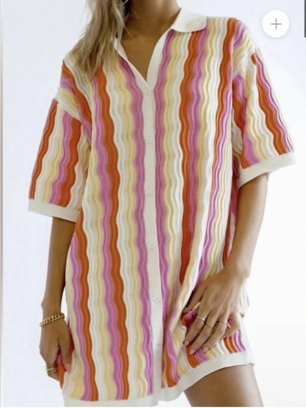 Yllw The Label Felix Button-Down Wavy Knit Dress - Pink, Orange & Cream Size S/M